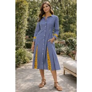 Vintage Nautical Shirt Dress Cotton Stripe Silk Sailboat Insets Novelty USA 12